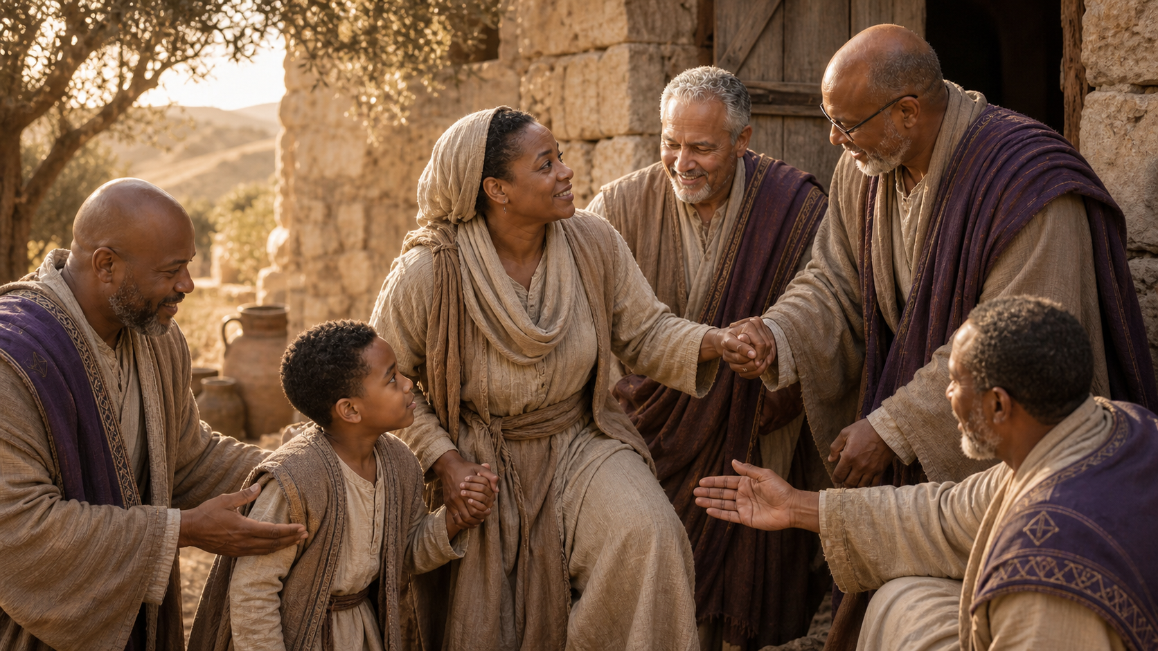 Biblical-era allegory of a widowed mother and her son receiving a helping hand from a brotherhood of men